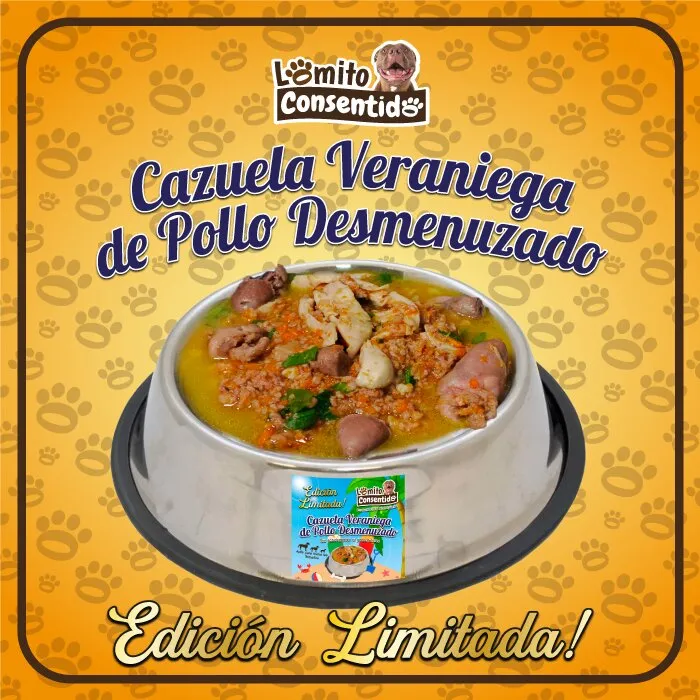 Cazuela Veraniega de Pollo edición limitada para perros, incluye pechuga de pollo desmenuzada, menudencia molida, brócoli, papaya y ayote, comida natural cocinada lista para servir, presentación de 1 libra
