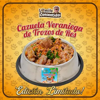 Cazuela Veraniega de Res edición limitada para perros, incluye carne de res molida y en trozos con brócoli, papaya y ayote, comida natural cocinada lista para servir, presentación de 1 libra