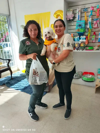 Evento en tienda veterinaria con clientes y perro blanco vestido de naranja, promoción de productos Lomito Consentido en Nicaragua.