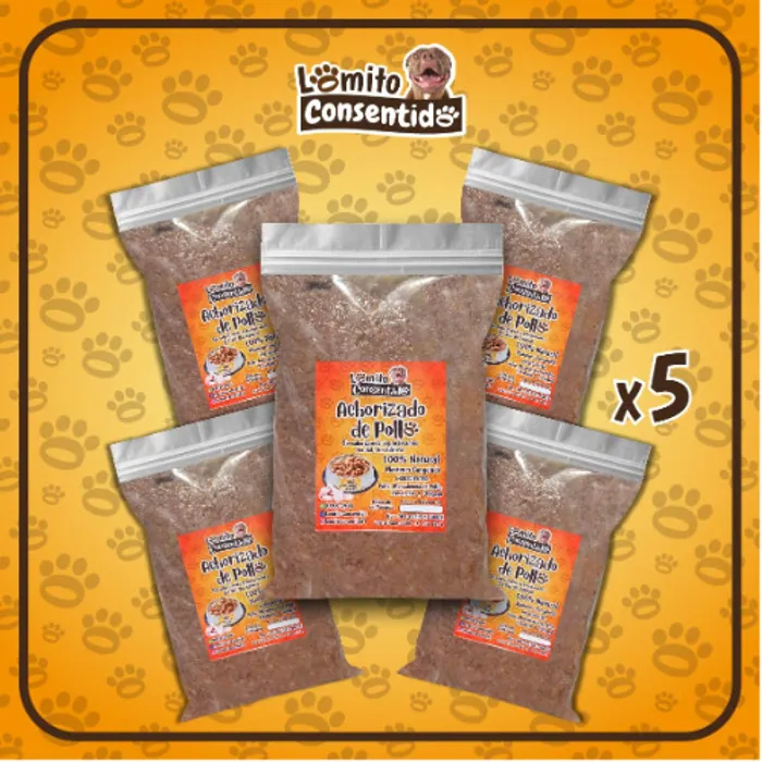 Paquete de achorizado de pollo para perros, incluye 5 bolsas de 1 libra cada una, alimento natural rico en proteínas y energía, presentación total de 5 libras