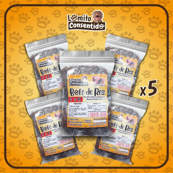 Paquete de bofe de res S para perros, incluye 10 bolsas de media libra con trozos pequeños, alimento natural rico en proteínas, hierro y vitamina D que fortalece piel, huesos y sistema inmunológico, presentación total de 5 libras