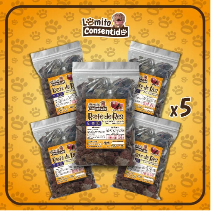 Paquete de bofe de res XL para perros grandes, incluye 5 bolsas de 1 libra con trozos medianos, alimento natural rico en proteínas, hierro y vitamina D que fortalece piel, huesos y sistema inmunológico, presentación total de 5 libras