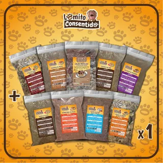 Paquete Completo para perros, incluye 9 productos variados: cazuela de res, cazuela de pollo, achorizado de pollo, nutri light, caldo proteico, cazuela de pescado, cazuela de corazón de pollo y pasta, cazuela de hígado de pollo y pasta y barf mix de pollo y pescado, alimento natural nutritivo y balanceado