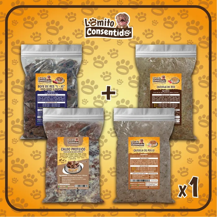 Paquete Lomito Económico para perros, incluye 4 productos: 1 libra de bofe de res L-XL, 1 libra de cazuela de pollo, 1 libra de cazuela de res y 1.5 libras de caldo proteico, alimento natural variado y nutritivo a precio accesible