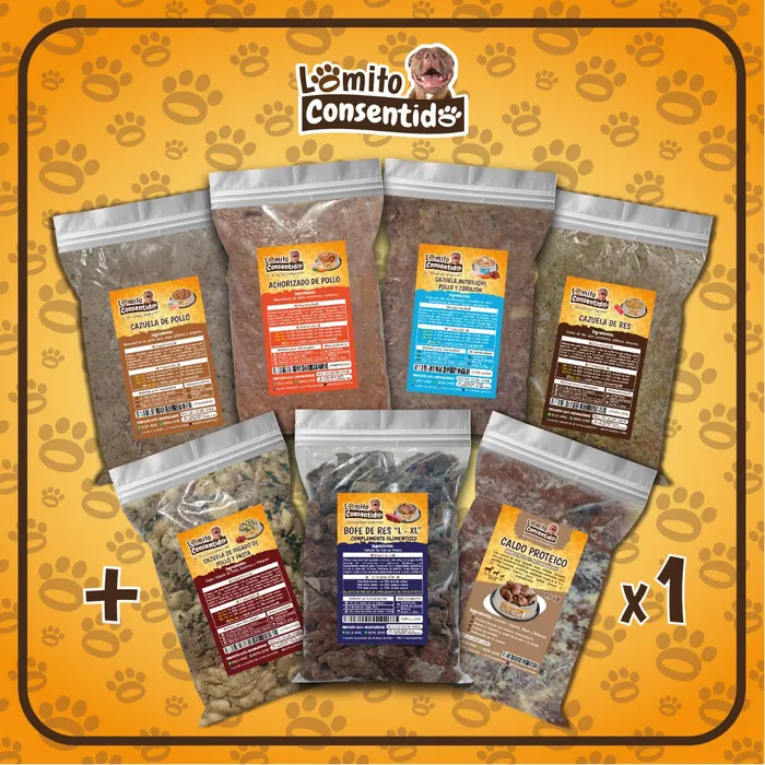 Paquete Lomito Inicial XL para perros grandes, incluye 7 productos: 1 libra de bofe de res XL, 1 libra de achorizado de pollo, 1 libra de cazuela de pollo, 1 libra de cazuela de res, 1 libra de cazuela de hígado y pasta, 1 libra de nutri light y 1.5 libras de caldo proteico, alimento natural variado y nutritivo