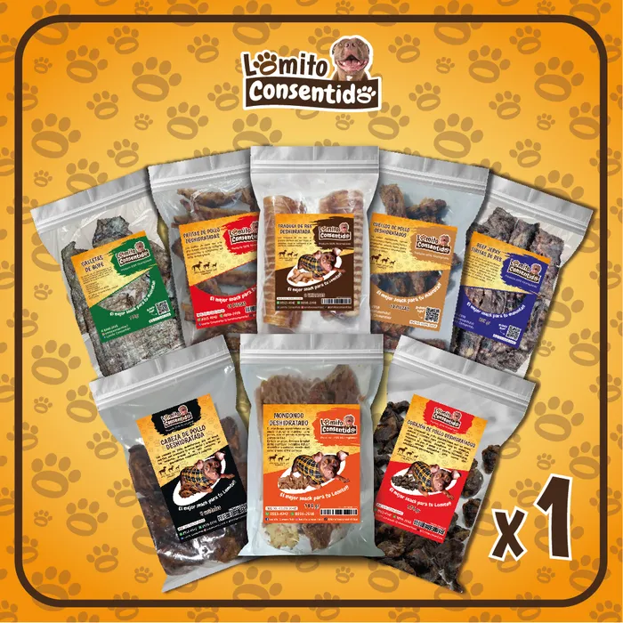 Paquete de snacks para perros, incluye 9 productos deshidratados como galletas de res, pechuga de pollo, tiras de res, cuero de pollo, hígado de res, cabeza de pollo, mondongo y corazones de pollo, promoción con ahorro de C$150 córdobas